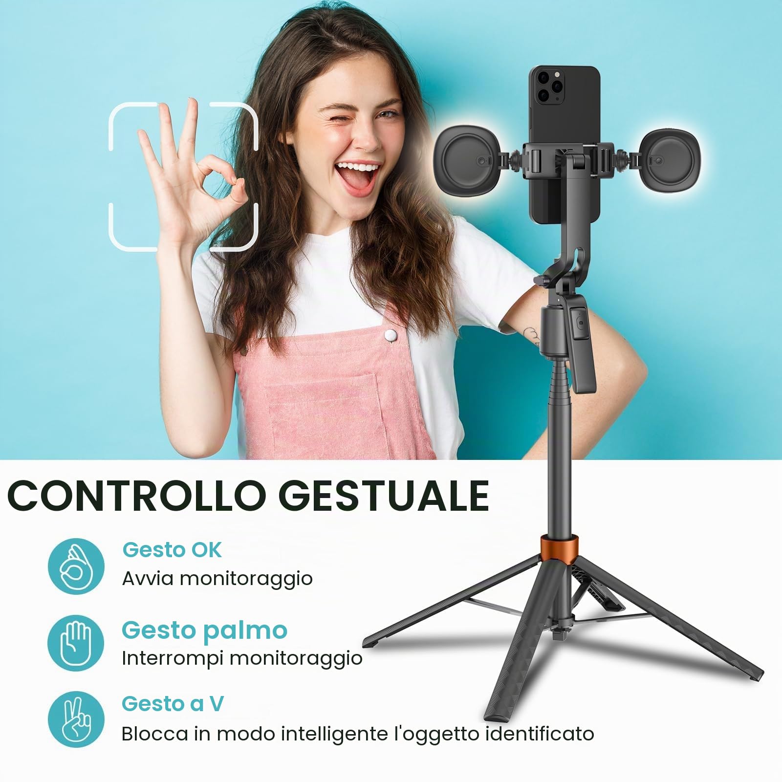 Treppiede per selfie da 178 cm, rotazione a 360 gradi per iPhone, senza app, riprese video e streaming (con luce di riempimento)