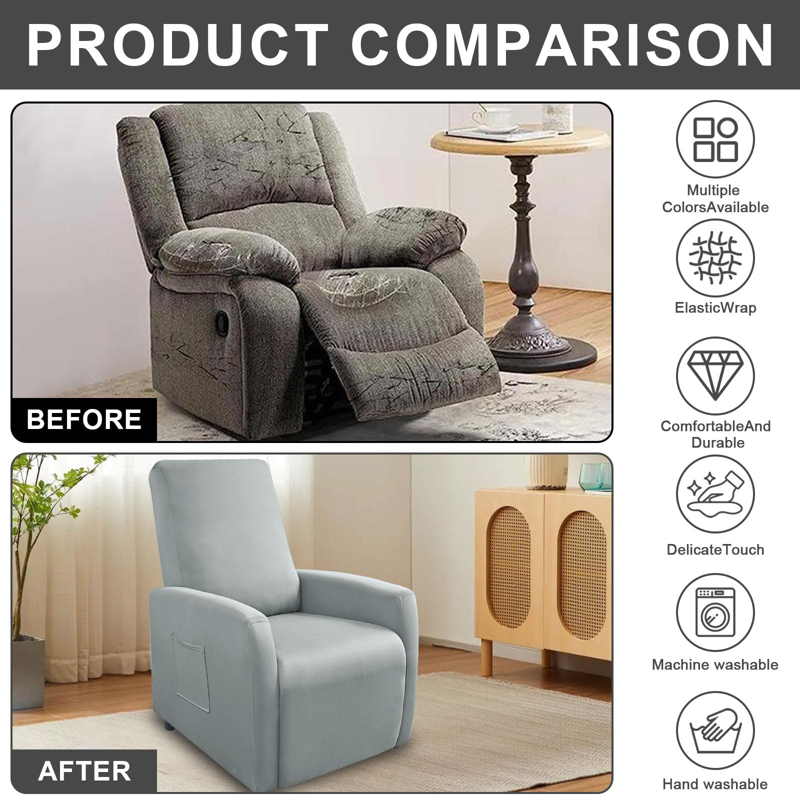 Coprisedia elasticizzato per poltrona relax completo, impermeabile, resistente agli spruzzi, elastico, poltrona relax, poltrona TV, colore: grigio chiaro