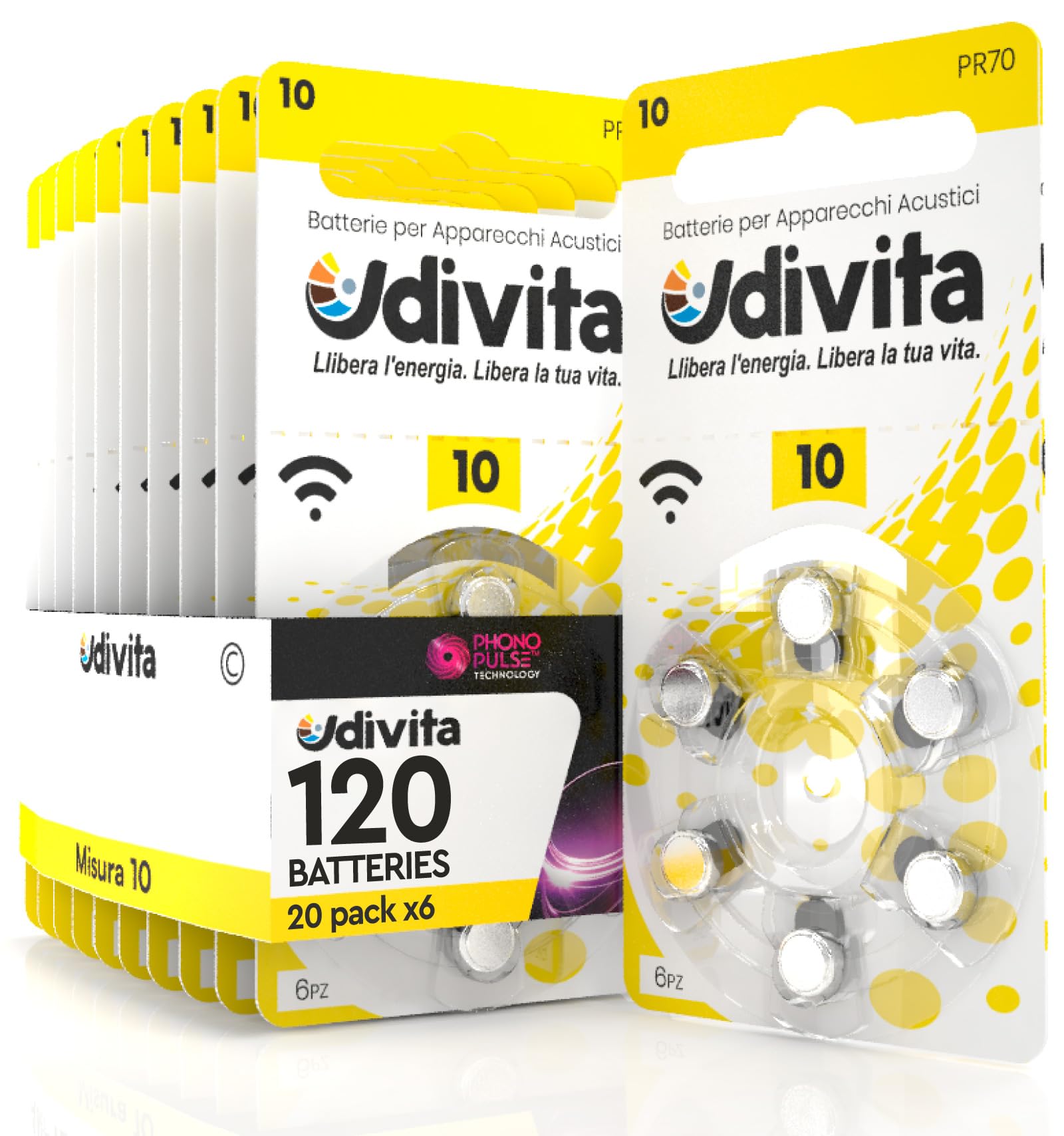 120 Batterie per Apparecchio acustico Udivita Senza Mercurio Dimensione 10 Tecnologia Sound Fusion - 20 Blister da 6 Batterie