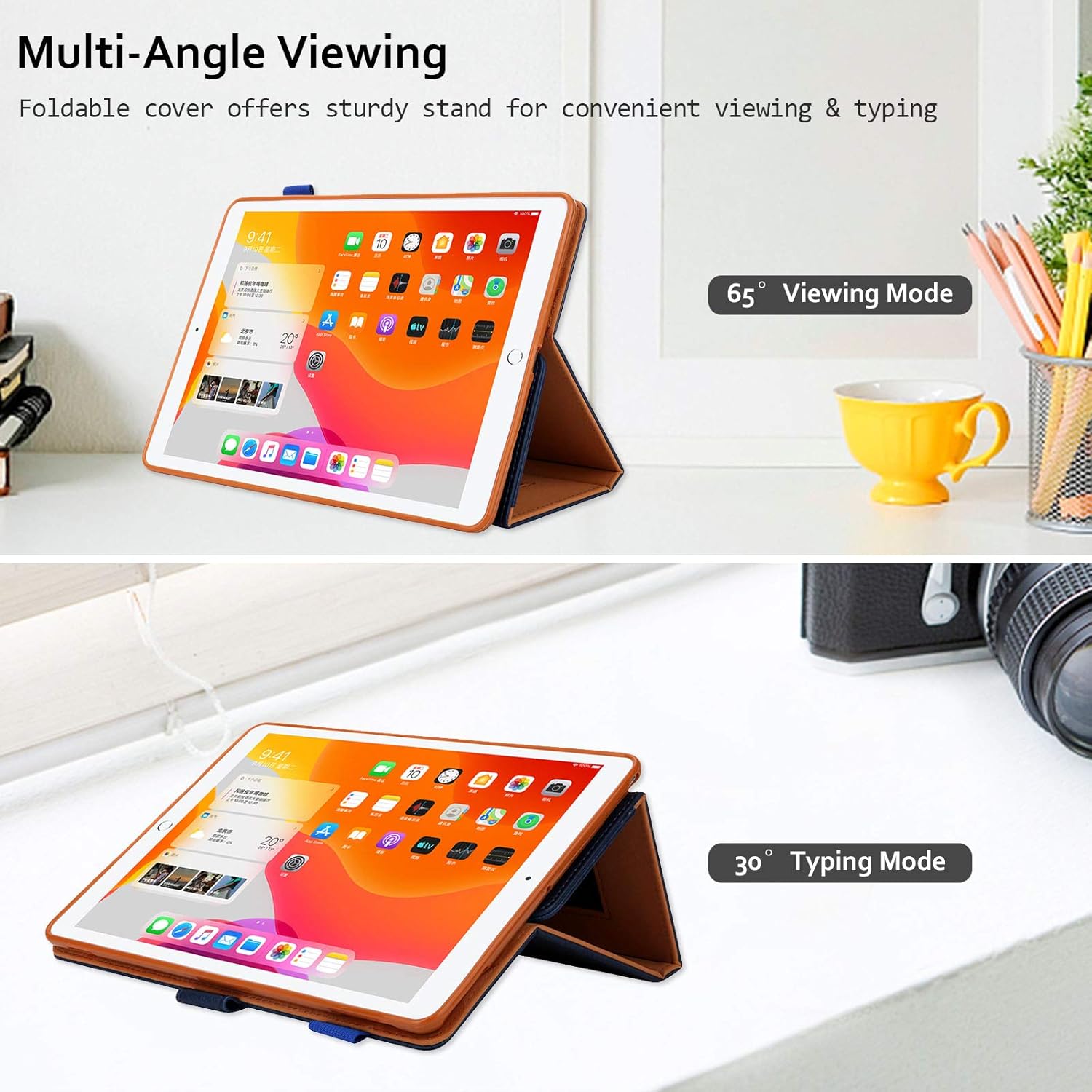 Folio Stand Case for iPad 10.2"/Air 10.5"/Pro 10.5" with Hand Strap, Techcircle PU Leather Smart Flip Protective Wallet Cover with Card Slots, Support Wake/Sleep, Navy