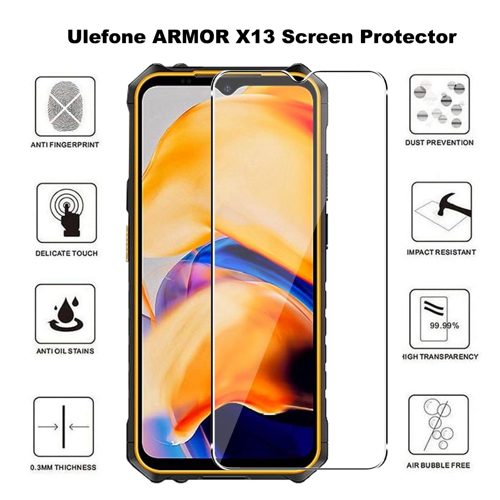 HGJTFANY Vetro Temperato per Ulefone Armor X13 (6.52), [2 pezzi] Pellicola Protettiva in vetro antigraffio HD, Senza Bolle, Facile da installare Pellicola Protettiva per Ulefone Armor X13