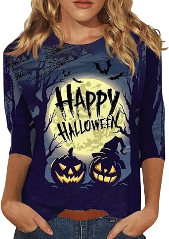 Halloween Shirts for Women 3/4 Sleeve Plus Size Crewneck Loose Fit Cute T Shirt Halloween Costumes for Women 2025
