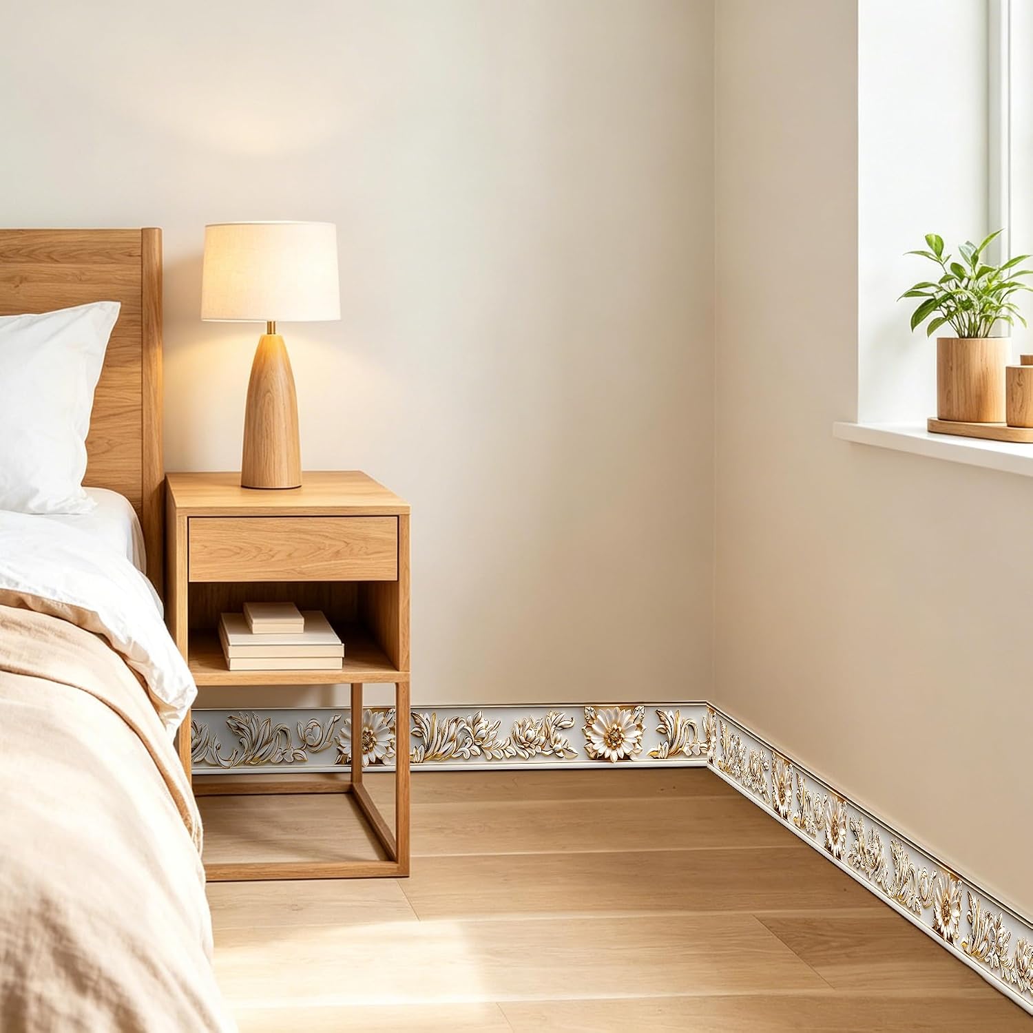 White Gold Flower Wall Border, 3.94" x 196.85" Waterproof Peel and Stick Baseboard Trim for Bathroom, Kitchen, Bedroom