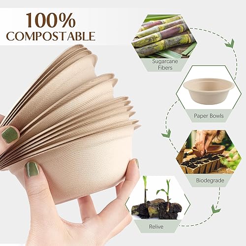 Miniatura 4 de Paquete de 150 cuencos de papel compostables de 12 onzas, cuencos de sopa desechables pequeños cuencos naturales de caña de azúcar biodegradables