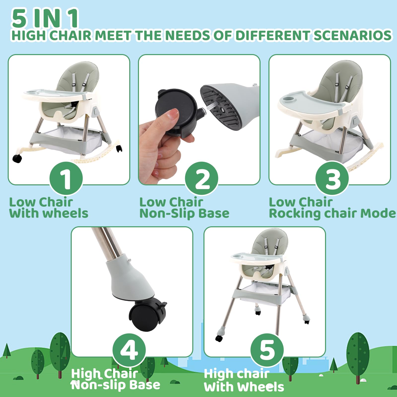 Trona Plegable para Bebé con Bandeja Extraíble y Ruedas,Altura Regulable,Combinación de Funciones para Bebés y niños Pequeños