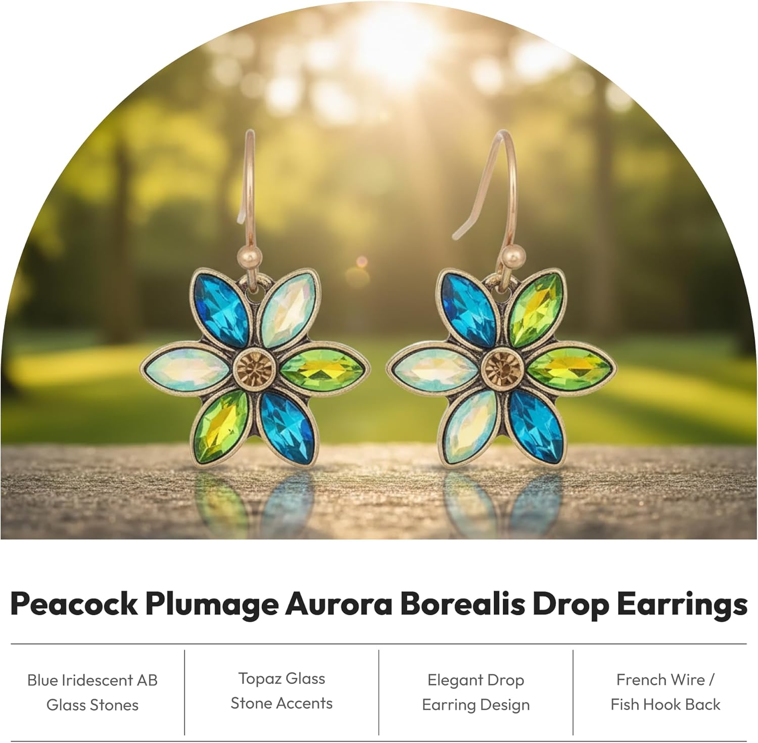 Peacock Plumage Blue Iridescent AB Glass Flower Drop Earrings, 1928 Jewelry Earrings for Women - Blue Aurora Borealis Stone and Topaz Glass Accent, Replica Antique Jewelry for Women - Image 2