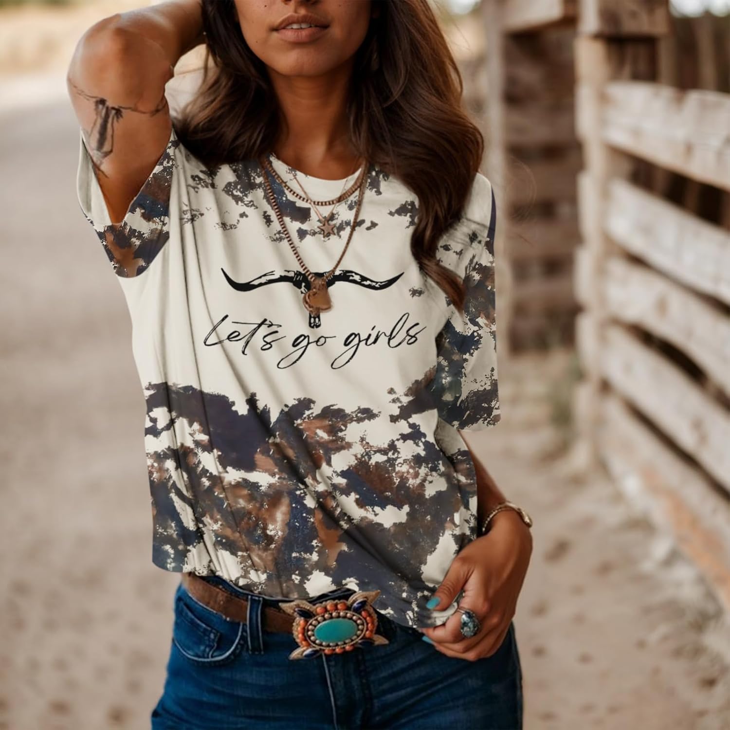 Let's Go Girls Cowgirl Shirt Western Cow Skull Country Music Shirts for Women Cute Rodeo Vintage Bleached Tees Tops - Image 2