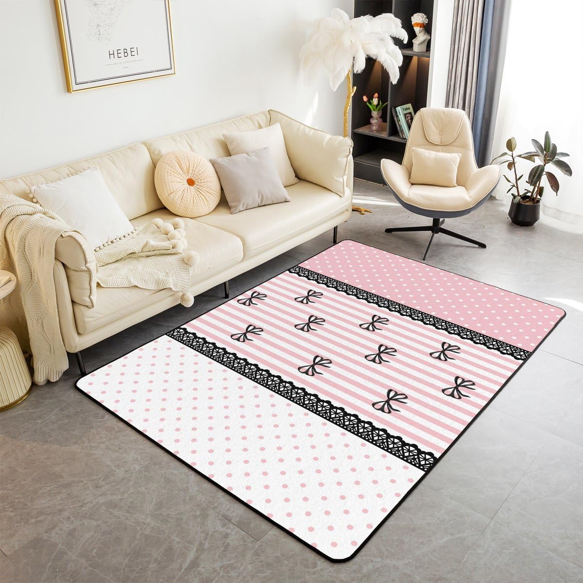 Erosebridal Girly Black Bow Area Rug 3x5 for Teens Women - Cute Pink Polka Dot Rug for Bedroom Living Room Kawaii Lace Stripes Carpet Decor Dreamy Princess Striped Indoor Floor Mat Non Slip