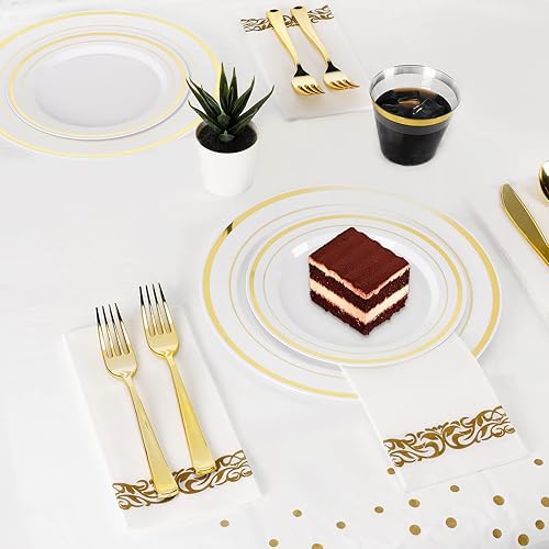 Miniatura 5 de Eye4tech - Juego de vajilla dorada desechable de 176 piezas, 50 platos de plástico dorados, 25 cubiertos dorados, 25 tazas doradas de 9 onzas, 25