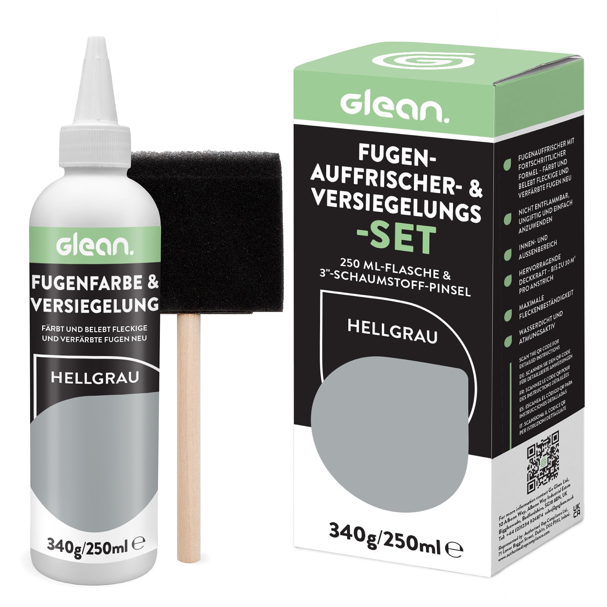 GLEAN Fugenfarbe & Versiegelung Hellgrau | 340g | Erneuert & schützt Fliesenfugen | Mit Schaumstoffpinsel | Atmungsaktiv & fleckenresistent | Für Bad, Dusche & Küche