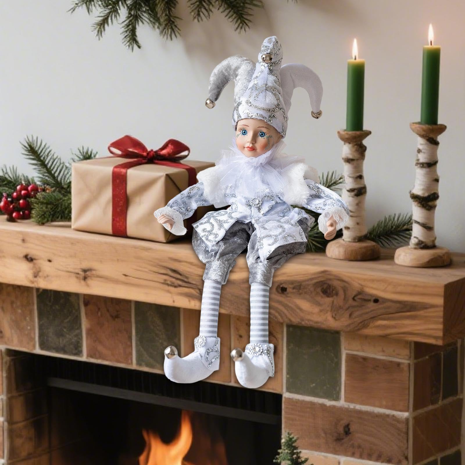 Milageto Muñeca navideña Decorativa, Figura navideña, Regalo de, Suave y Adorable, payasita con Cabeza Que se Mueve, para Chimenea, Mesa, Plata