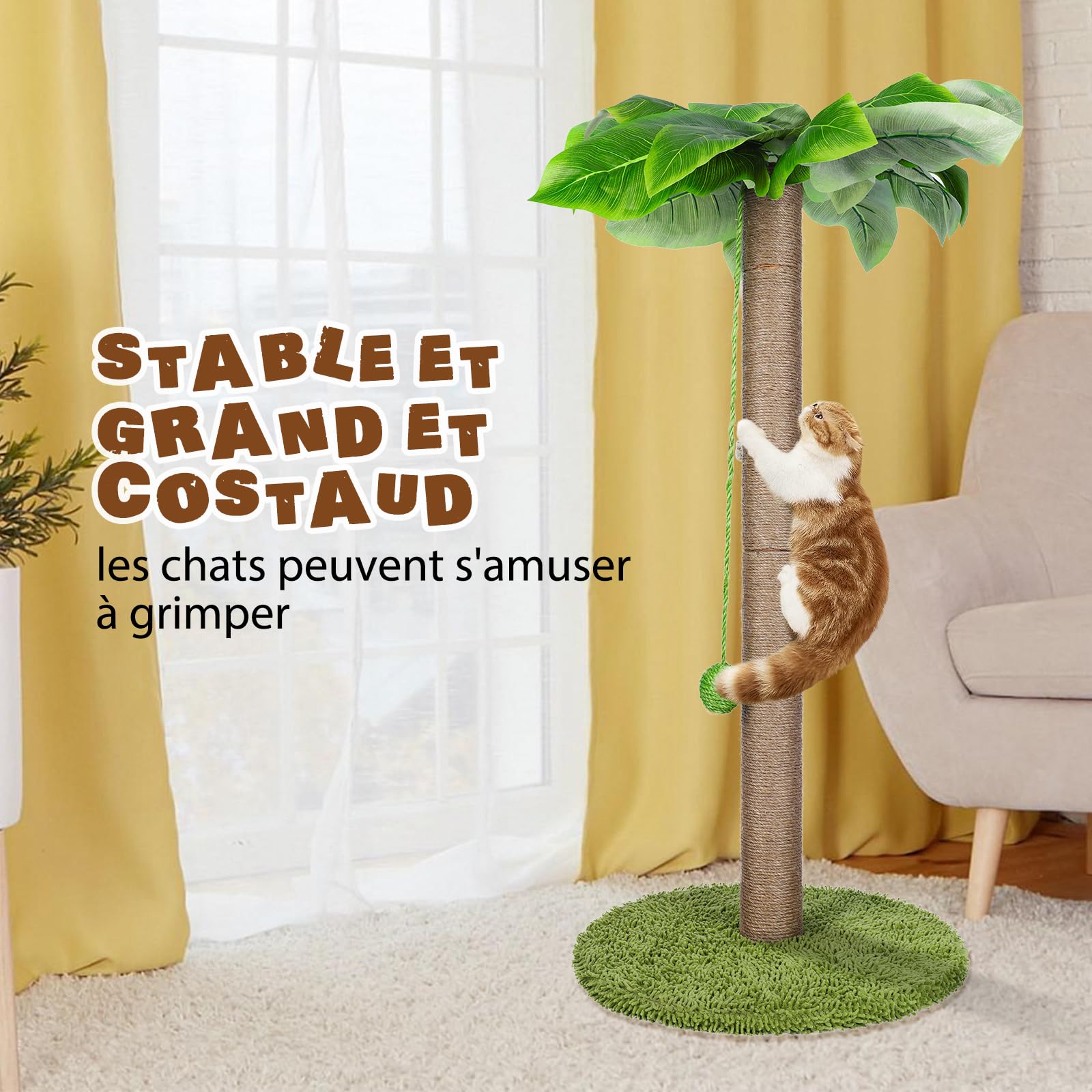 Masthome Griffoir pour Chats, 85 Cm Poteau Chat, Colonne en Sisal Naturel et Base de Couverture en Moquette Douce avec Boule Suspendue, Griffoir pour Chats de Tous âGes - Vert