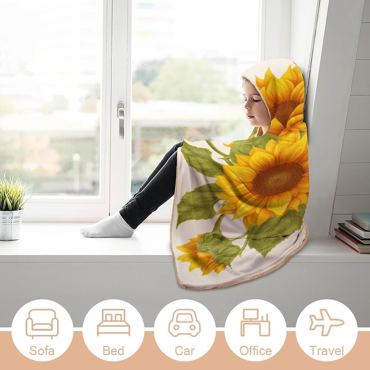 Fresh Sunflower Hooded Blanket Cozy And Functional,Wearable Blanket Hoodie for Women Men,Blanket Poncho Presents60 x80