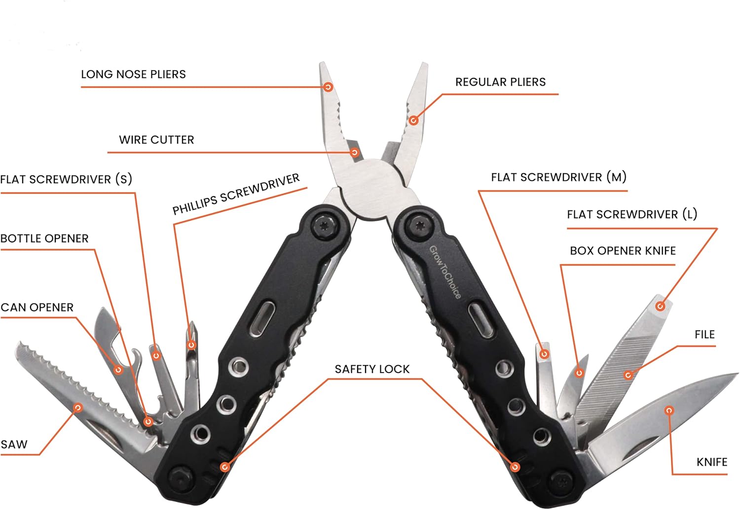 14-In-1 Multitool Pliers Pocket Knife Stainless Steel, Great Camping Accessories - Camping Multi Tool Gifts for Men with Portable Belt Holder Nylon Pouch and Safety Locking Survival Tools