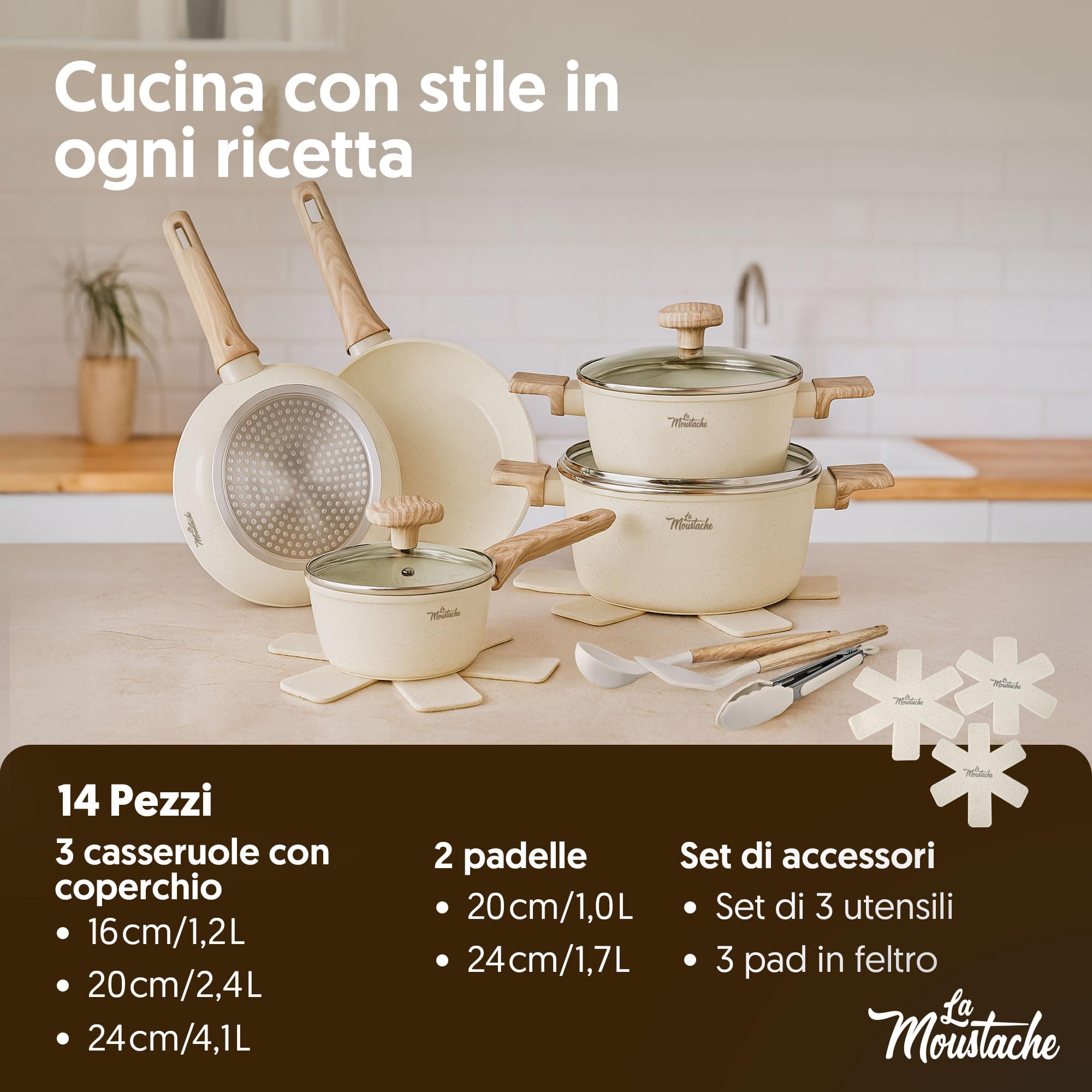 La Moustache - Set di Pentole e Padelle Antiaderenti 14 Pezzi (Latte) | 2 Padelle, 3 Pentole, 3 Coperchi con Sfiato, 3 Utensili e 3 Salvapadelle, Induzione, Gas, Lavaggio a Mano, senza PFOA e PFAS