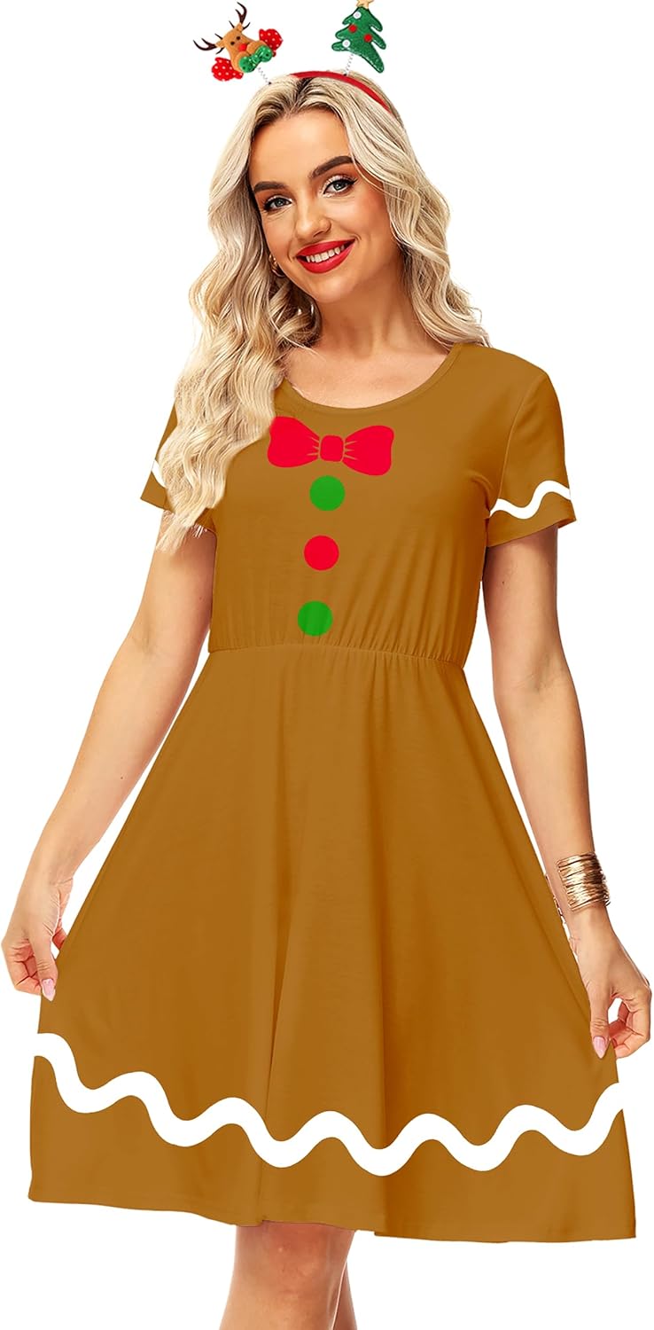 Deerose Christmas Short Sleeve Dresses Women Xmas Elastic Waist Midi Dresses Casual Tunic Dress - Image 2