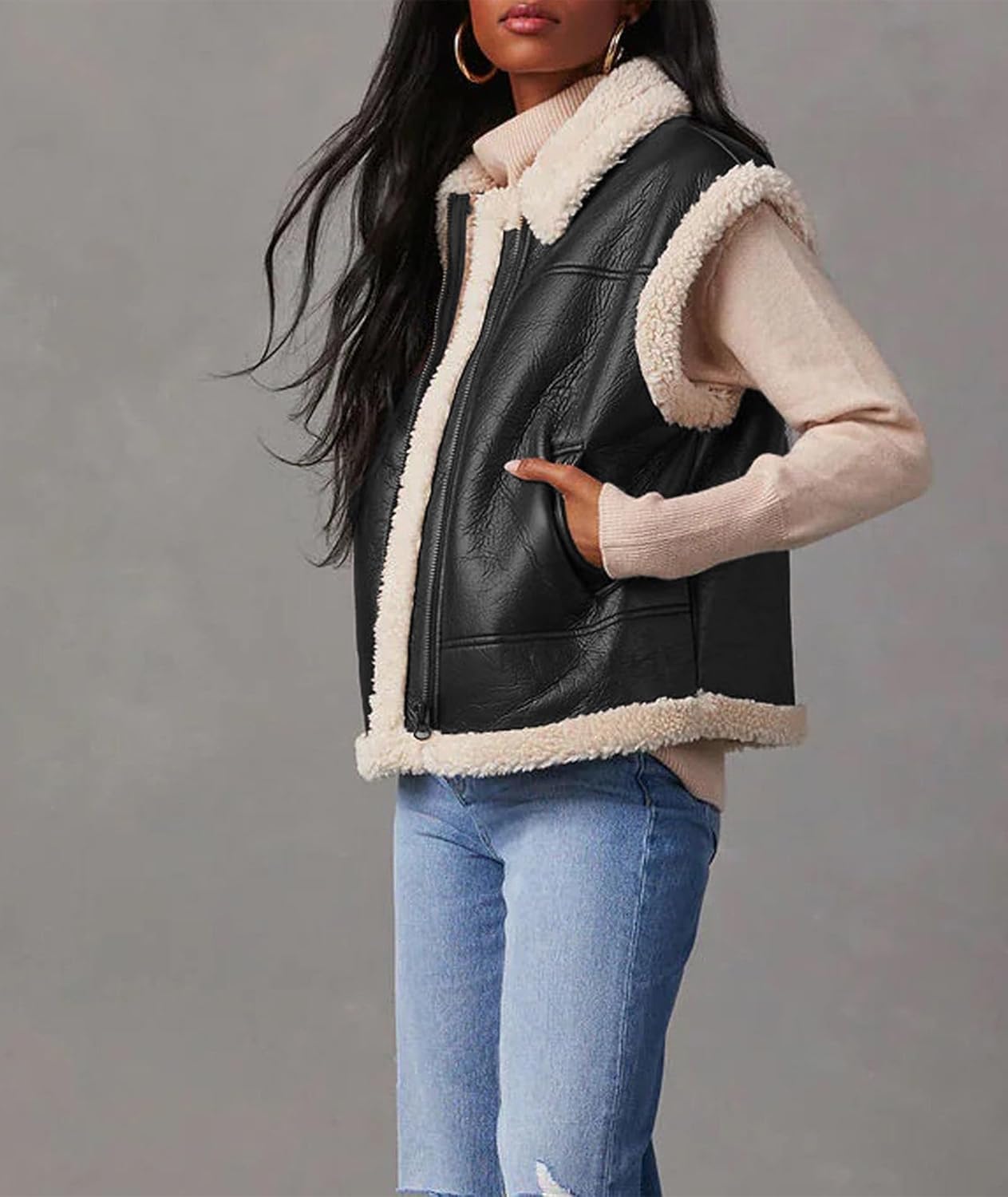 Sexyshine Women's Faux Leather Shearing Sherpa Vest Sleeveless Zip Up Fleece Lined Jacket Coat with Pockets - Image 2
