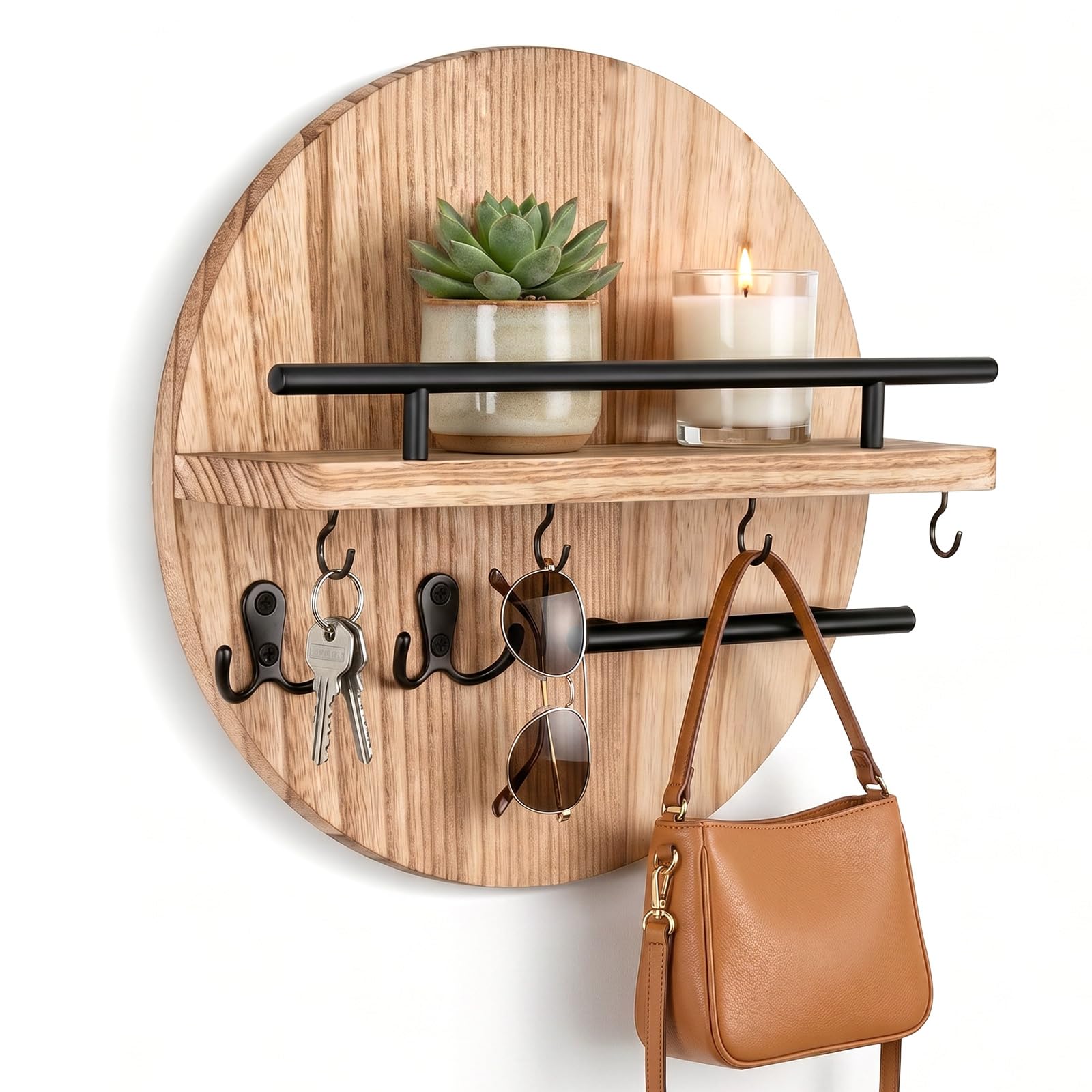 Wooden Key Holder for Wall - 11.8" Key Hooks Wall Mounted with Wood Tray and 6 Hooks,Round Wooden Mail Organizer Wall Mount, Rustic Solid Wood Entryway Key Rack for Hanging Letters, Hats, Glasses