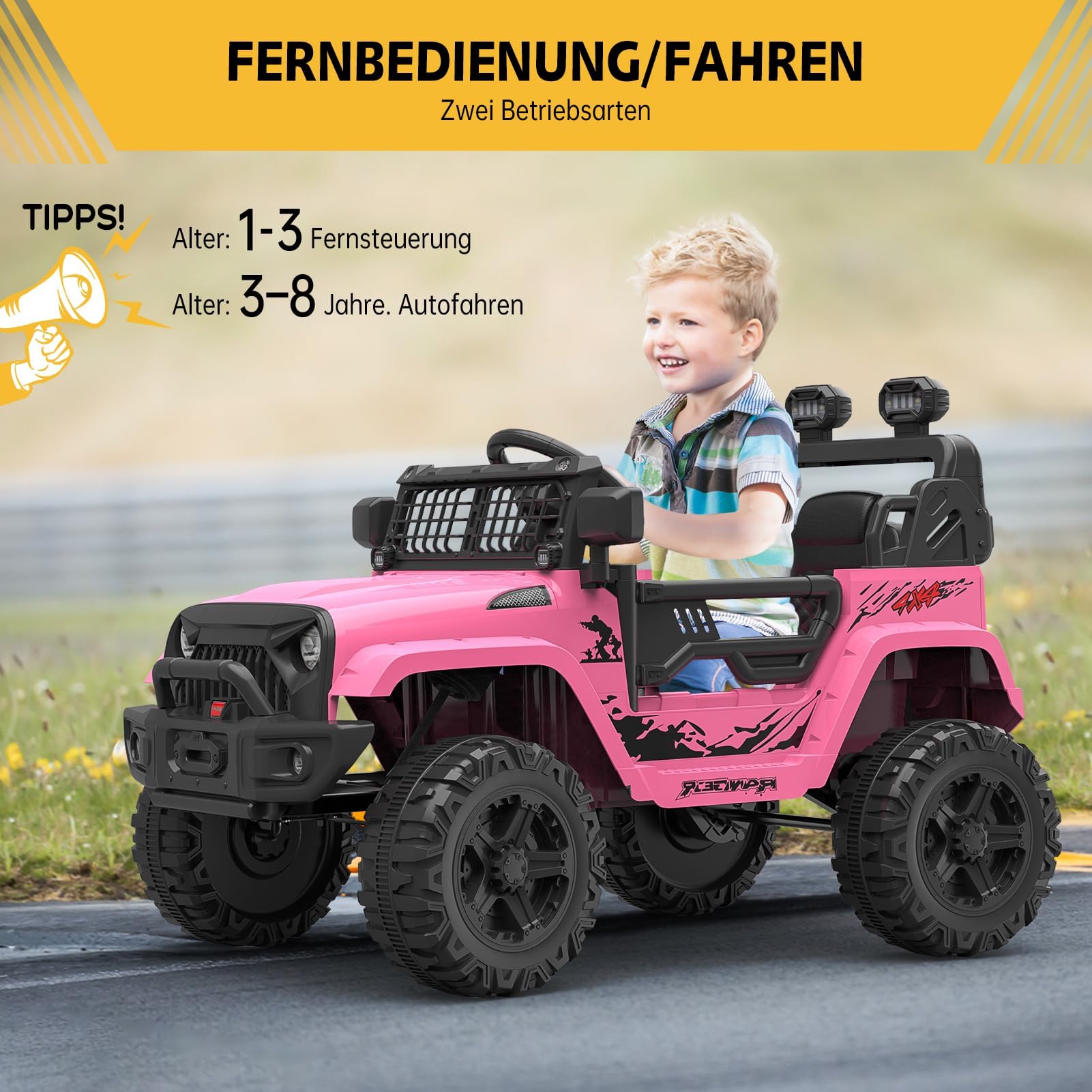 Coche Eléctrico para Niños con Mando a Distancia, Vehículo Eléctrico 12V con Velocidad 2-4 Km/h, Claxon, Reproductor MP3, Luces LED y Música, Soporte 28 kg, Todo Terreno para Niños 3+ Años