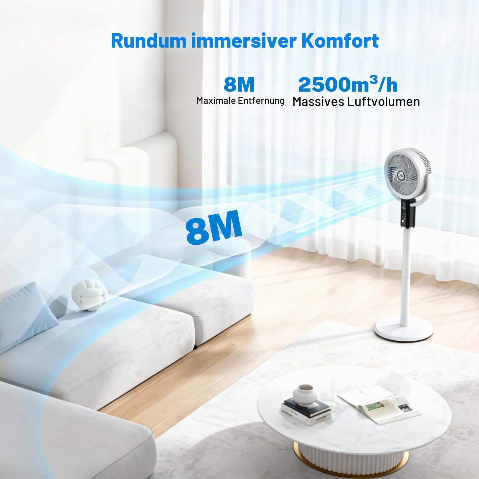 WIWOLER Leiser Standventilator mit Fernbedienung, 3 Höhenverstellbarer Säulenventilator, 8 Geschwindigkeiten, 80° Oszillation, 8H Timer, LED-Display, 3-Stufen Nachtlicht, Für Schlafzimmer, Büro