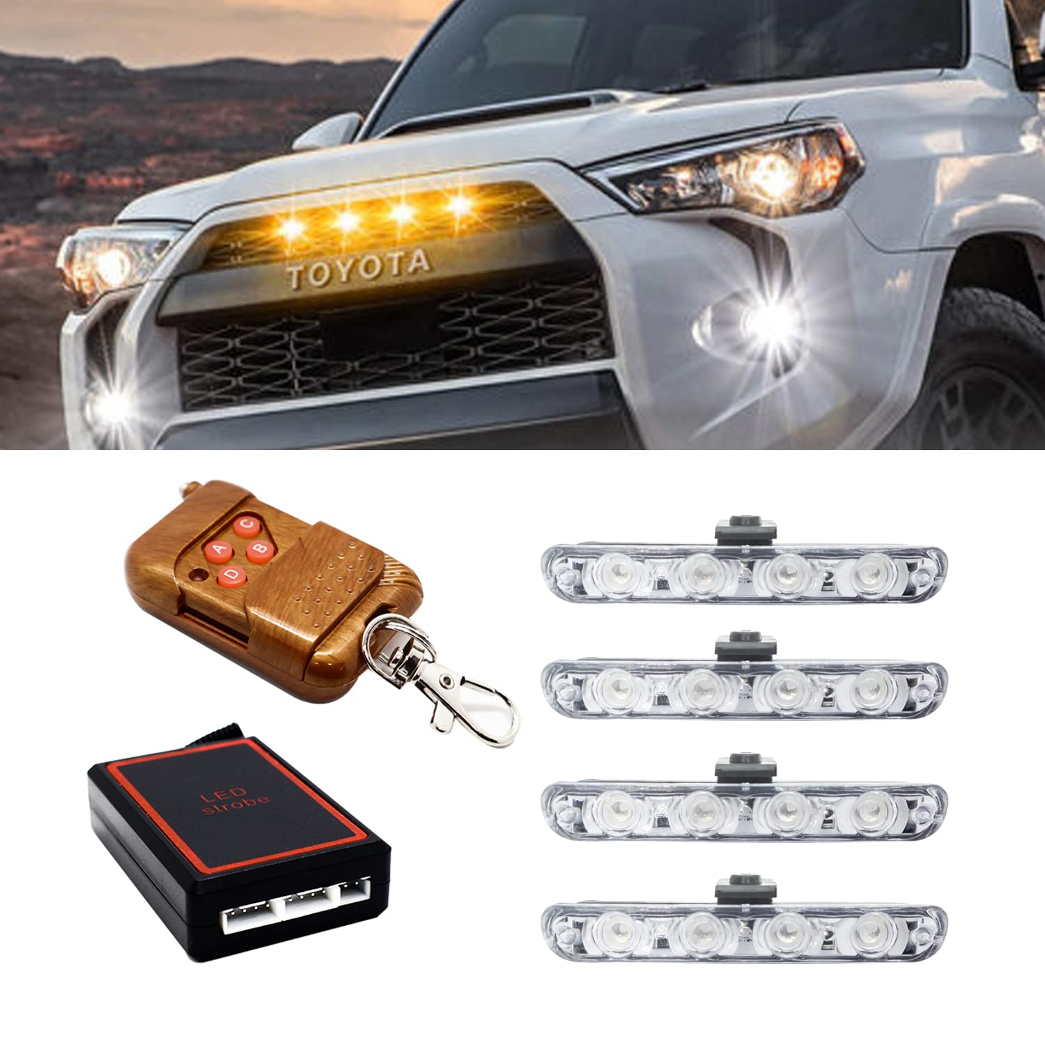 AUTOPOWERZ® Yellow & White Car Radiator Grill Flashing Strobe Light 16 Led (4x4) With Wireless Remote (Set of 6)