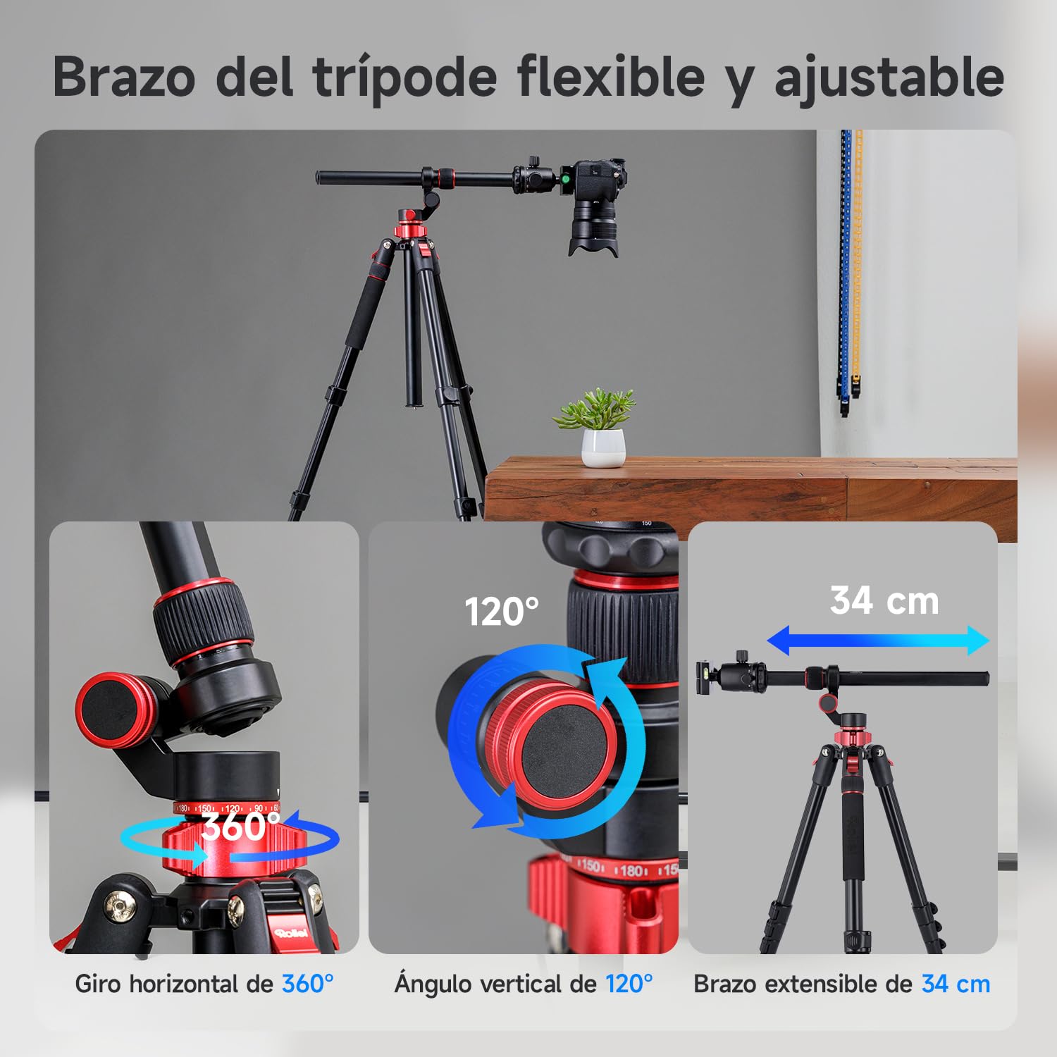 Rollei Tripode Camara 213cm con Brazo Extensible de Aluminio | Trípode Compact Traveler No.2 XL Photo con Rótula de 360° y Función de Monopié 5kg Carga Tripod con Soporte para Móvil
