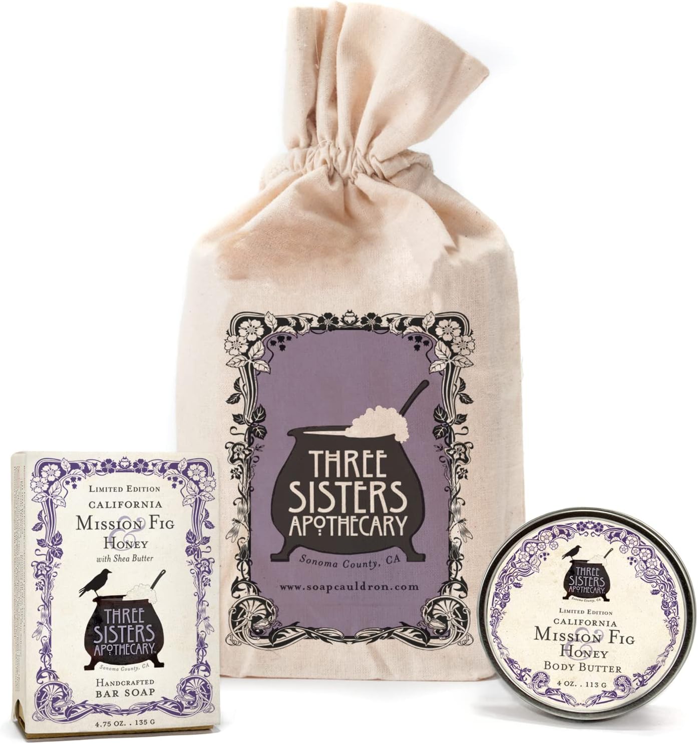 Three SIsters Apothecary Muslin Gift Set - Bar Soap and Body Butter (California Mission Fig)