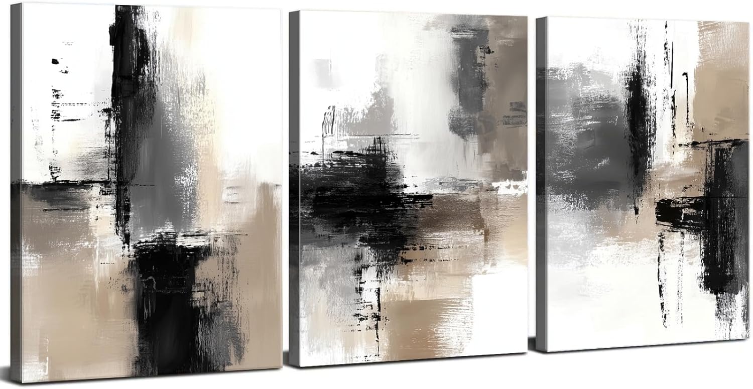 Set of 3 Abstract Canvas Wall Art Neutral Modern Wall Pictures for Living Room Decor Black Grey Beige Minimalist Wall Decor Contemporary Framed Artwork for Bedroom Hallway Home Decorations 30x40cm