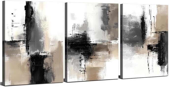 Set of 3 Abstract Canvas Wall Art Neutral Modern Wall Pictures for Living Room Decor Black Grey Beige Minimalist Wall Decor Contemporary Framed Artwork for Bedroom Hallway Home Decorations 30x40cm