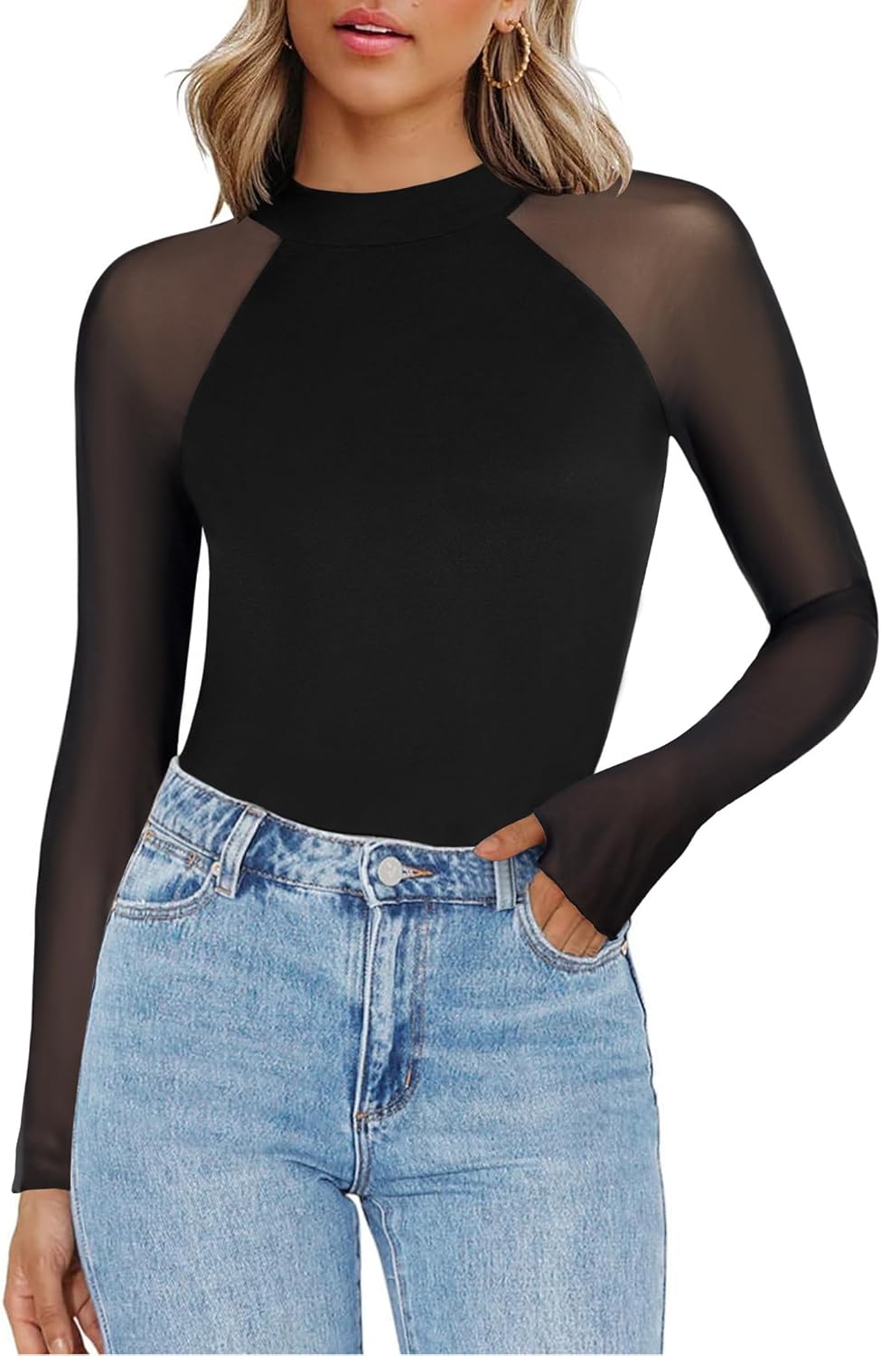 Zeagoo Long Sleeve Shirts for Women Floral Mesh Sheer Top Mock Neck Double Lined Fitted Going Out Blouses