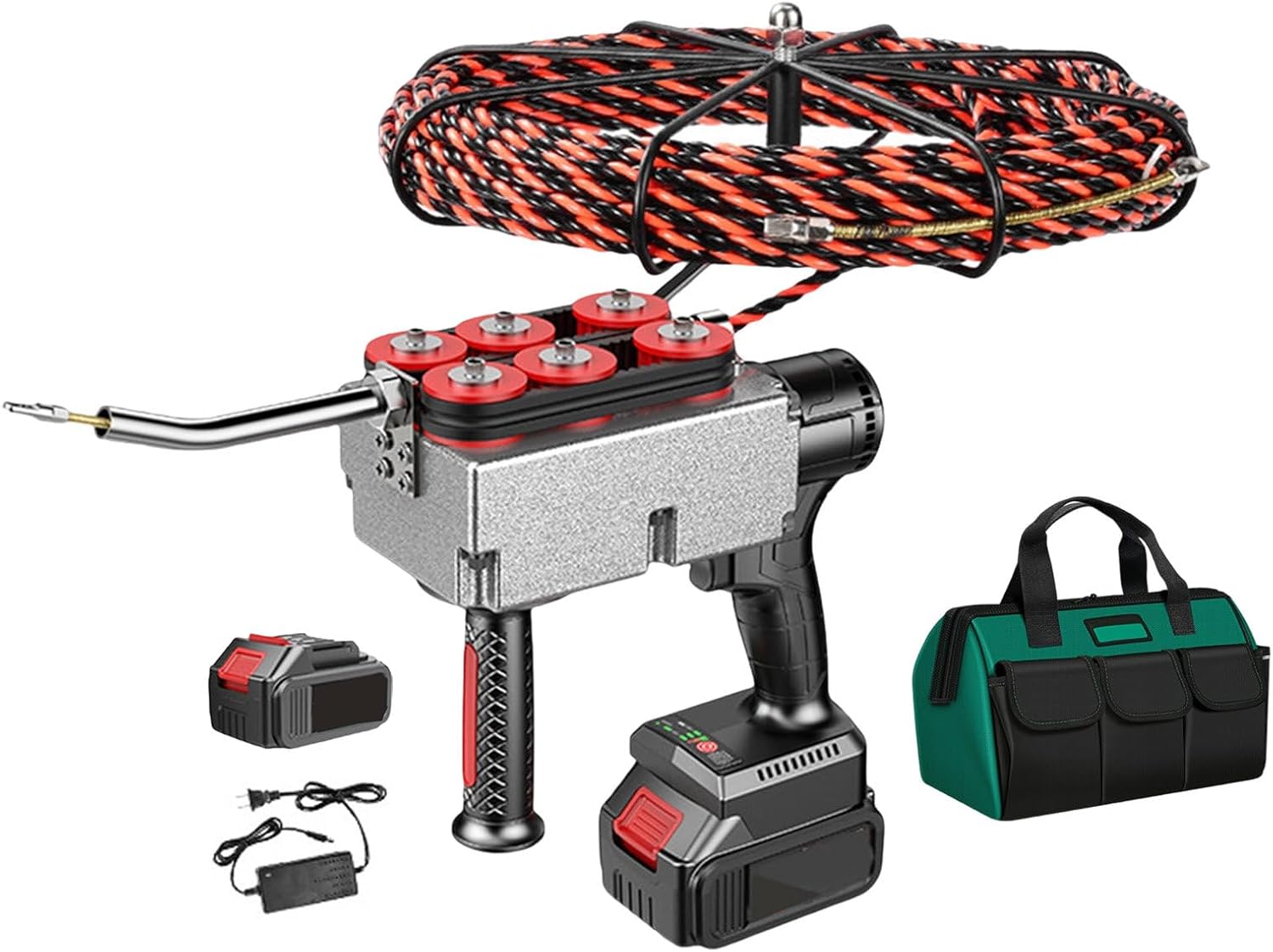 Professional Electrician Stringing Wire Puller - 15m, Cable Insertion & Extraction Tools 65kg Pulling Force, Electric Threading Machine, 90° Elbow for Easy Threading(w/Battery),1-battery