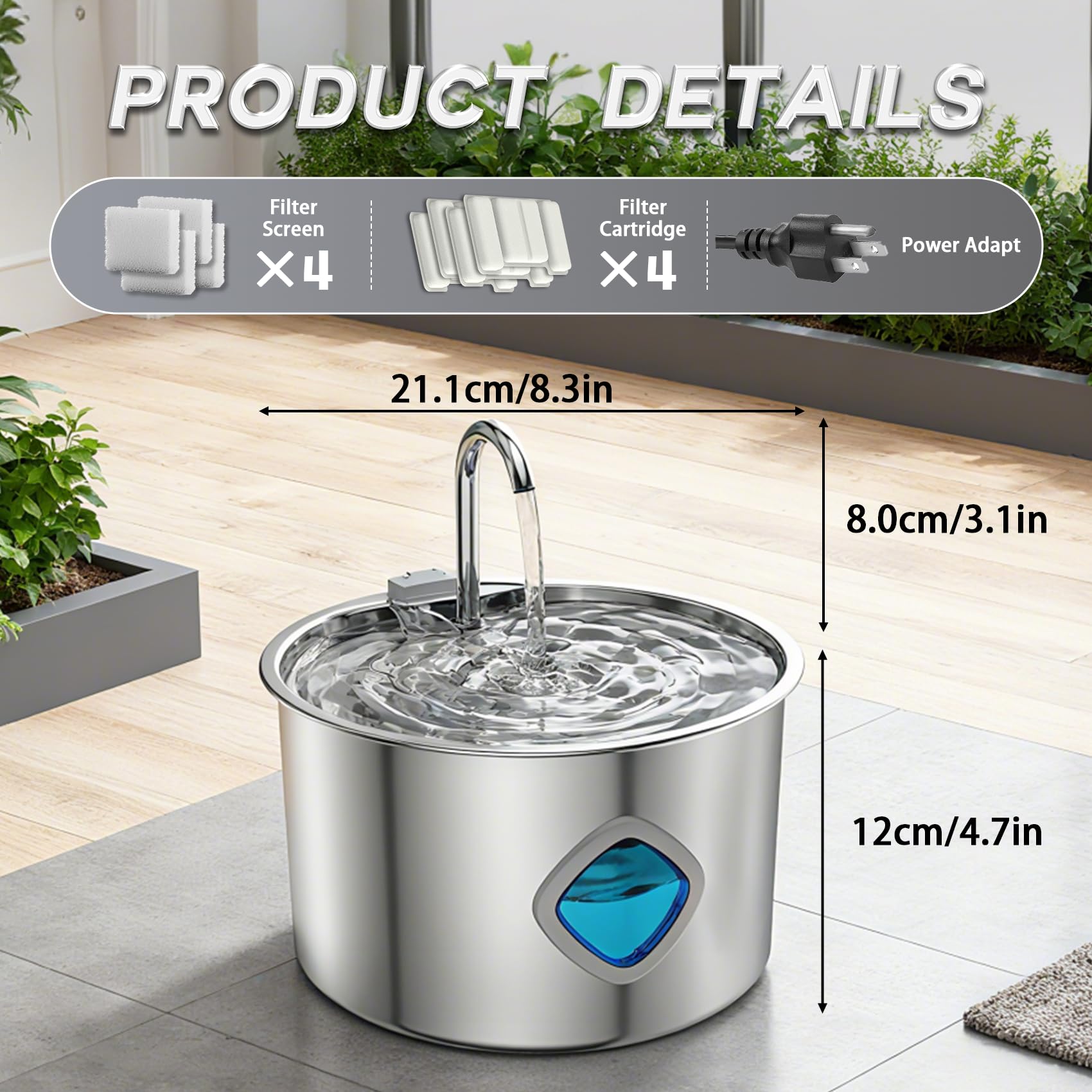 Purrify - Fuente de agua para gatos, fuente de agua para gatos, fuente de agua para perros, fuente de agua de acero inoxidable de 3.2 L, nivel acuoso visible, incluye 4 filtros de repuesto, 4 filtros