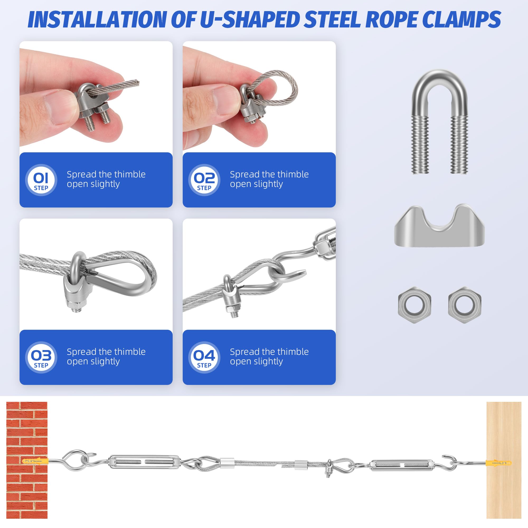 50 m Φ 3 mm Cable Acero Inoxidable, 72 Piezas Kit Cuerda Acero, Cuerda de Alambre Acero Nylon Recubierto con 304 Acero Inoxidable M5 Turnbuckle Tensioner Cable Dedal