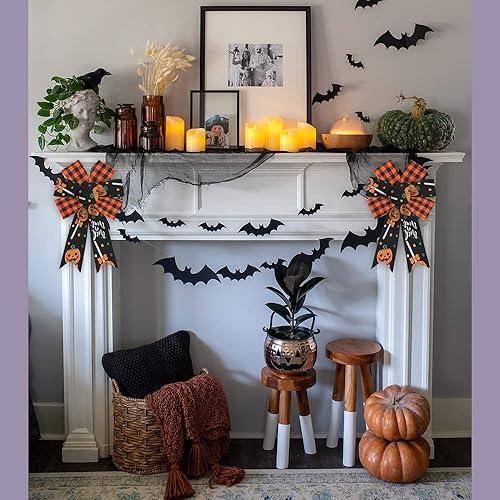 Miniatura 4 de 2 lazos de corona de Halloween, lazos a cuadros de búfalo naranja y negro para corona, lazos rústicos de truco o golosina, para puerta delantera,