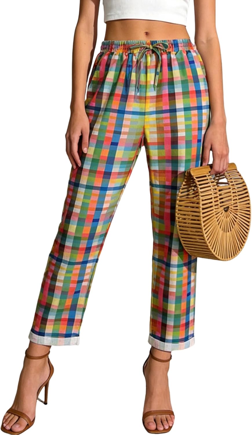 Women's Striped Gingham Harem Pants Summer Casual Loose Drawstring Plaid Trousers Beach Travel Bottoms with Pockets