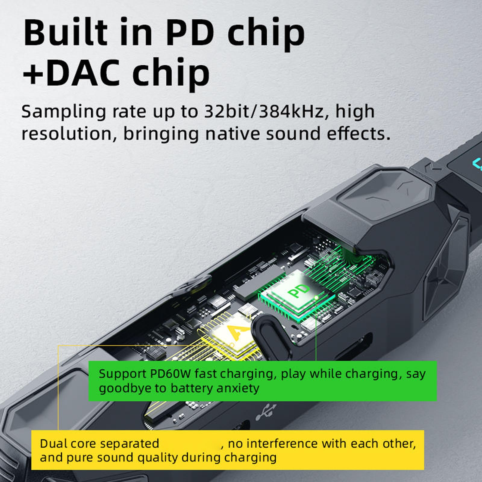Cable trenzado USB C de 70 cm, transmisión de datos estable y carga PD60W para música Piva X41 y juegos rápidos