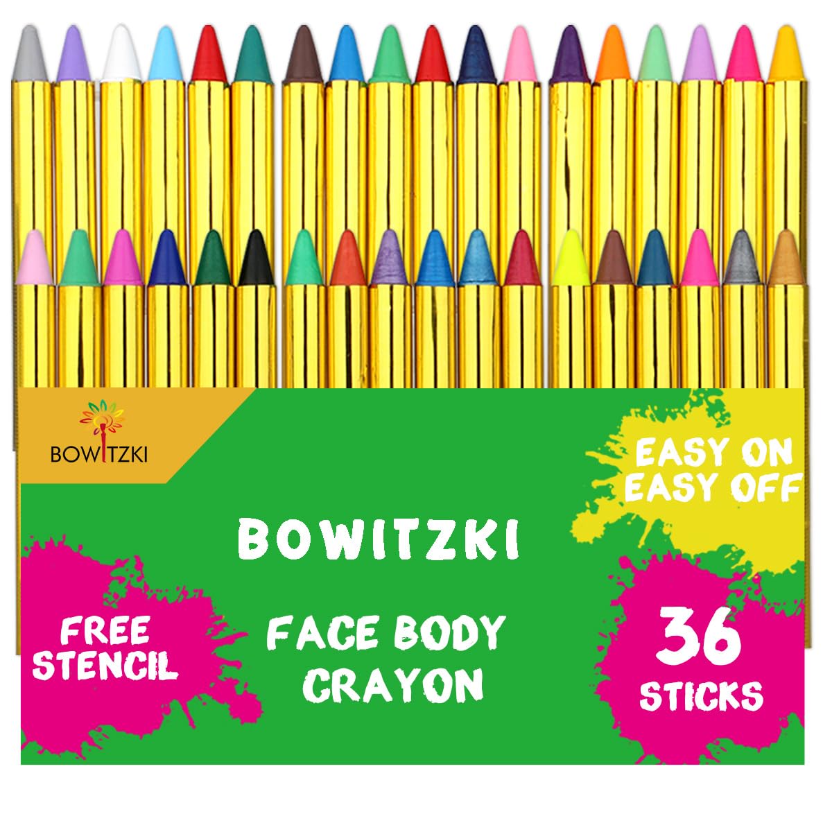Bowitzki Face Paint Crayons 36 Jumbo Body Painting Marker Sticks Makeup Crayon Kit For Party Christmas Halloween with Face Painting Stencils Nail Sticker Jewels