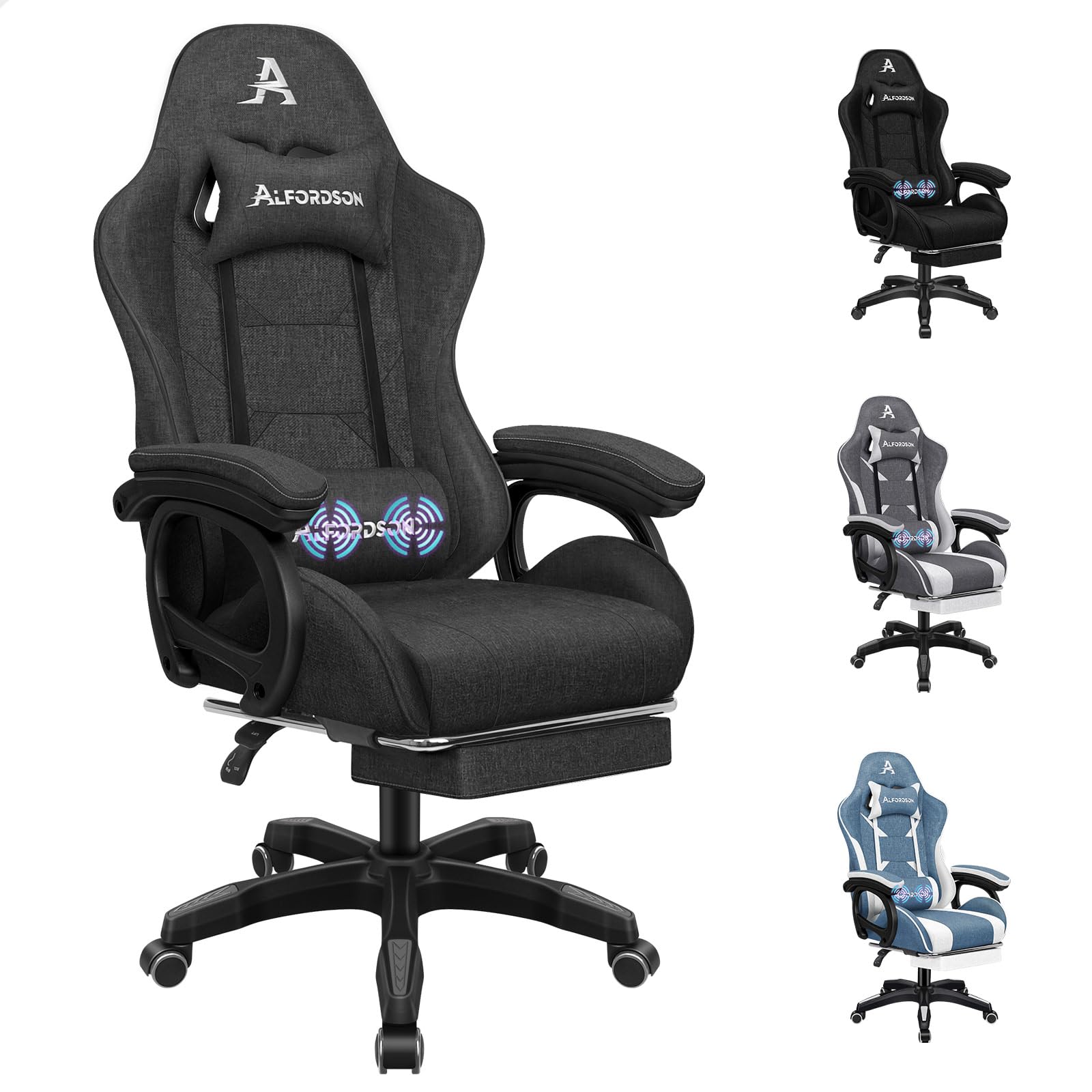 ALFORDSON Sedia da Gaming Massaggiante, Sedia Gamer con Cuscino Lombare e Poggiatesta, Poggiapiedi Telescopico, Ergonomico Sedie da Ufficio Schienale Regolabile 90-150°, Tessuto(Grigia scura)
