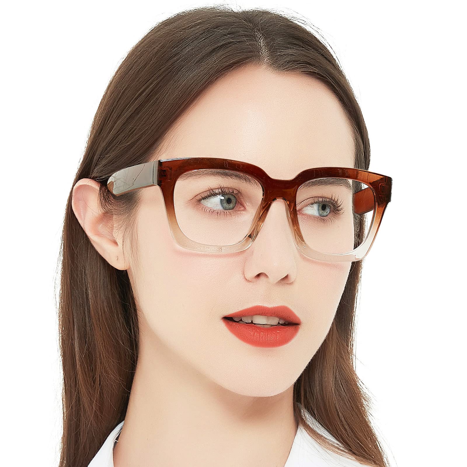 OCCI CHIARI Womens Thick Frame Plain Glass Spectacles Blue Light Blocking Glasses for Women Stylish Square Glasses (Progressive Shade Brown 0) - Image 2