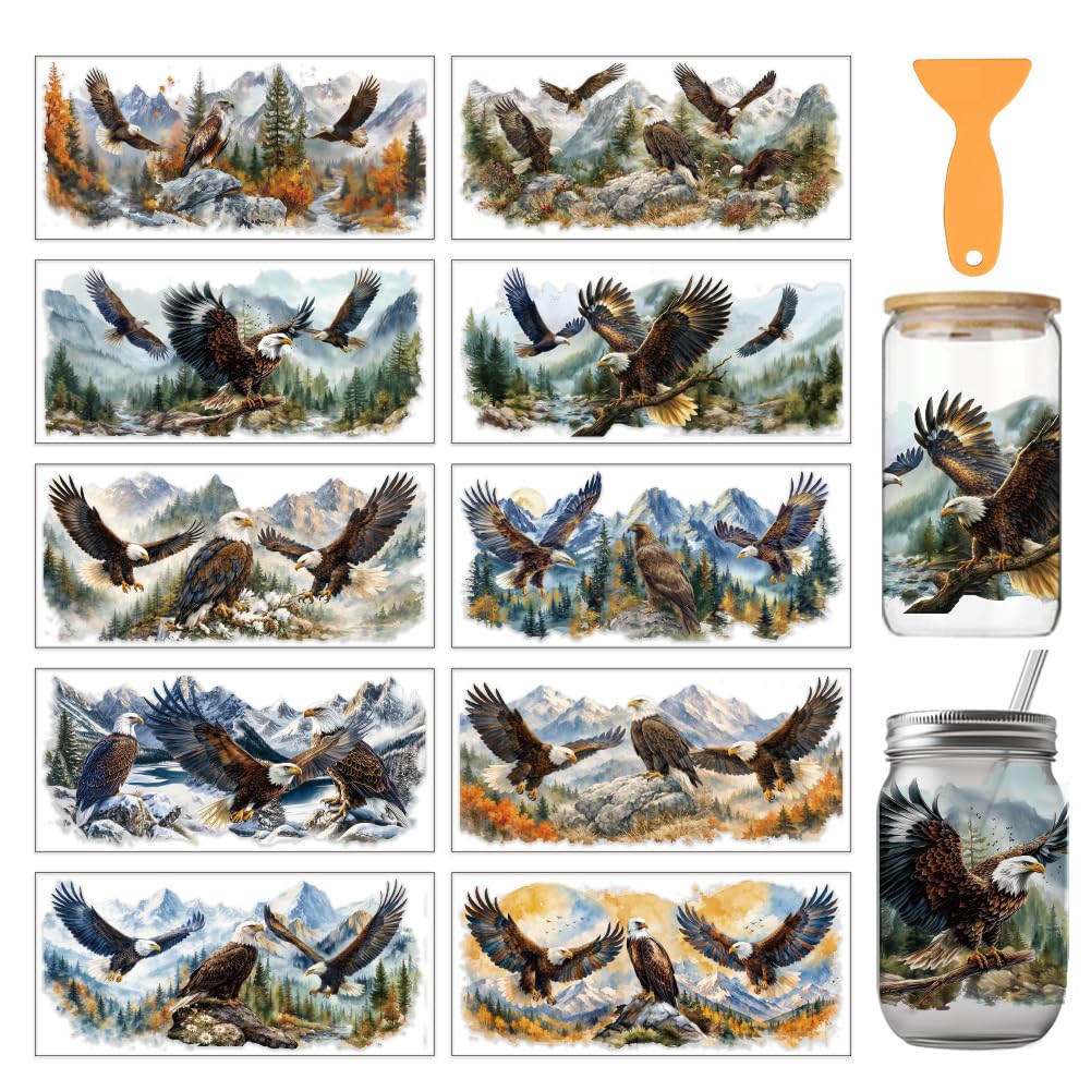 arricraft 10 Sheets Animal Theme UV DTF Cup Wrap for 16OZ Glass, Eagle Landscape Painting Rub on Decals PVC Transfer Stickers for DIY Cups Window Home Printing Decoration 24x11cm/9.4x4.3inch โ image 1