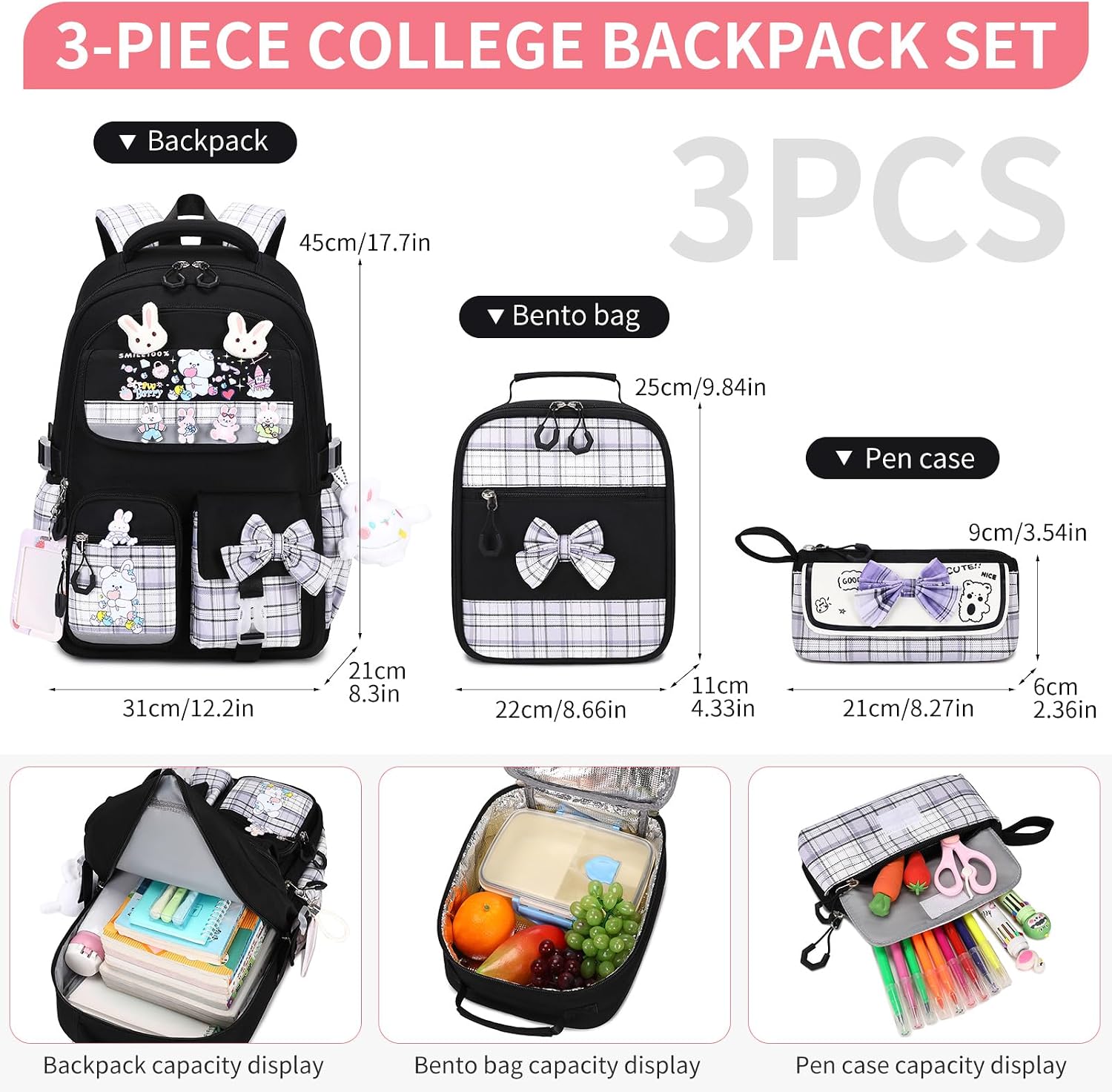 CYOQX Girls Backpack 3pcs School Backpack with Lunch Box Teen Girl Backpack Set Cute Kids School Bag Bookbag for Teen Girls image 2
