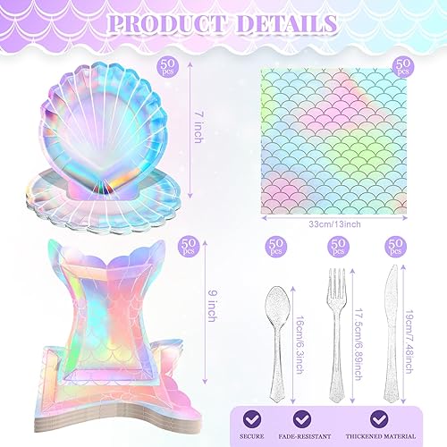 Miniatura 2 de 300 piezas de suministros para fiesta temática de sirenas, incluye platos, servilletas, cucharas de plástico, tenedor, cuchillos para baby shower,