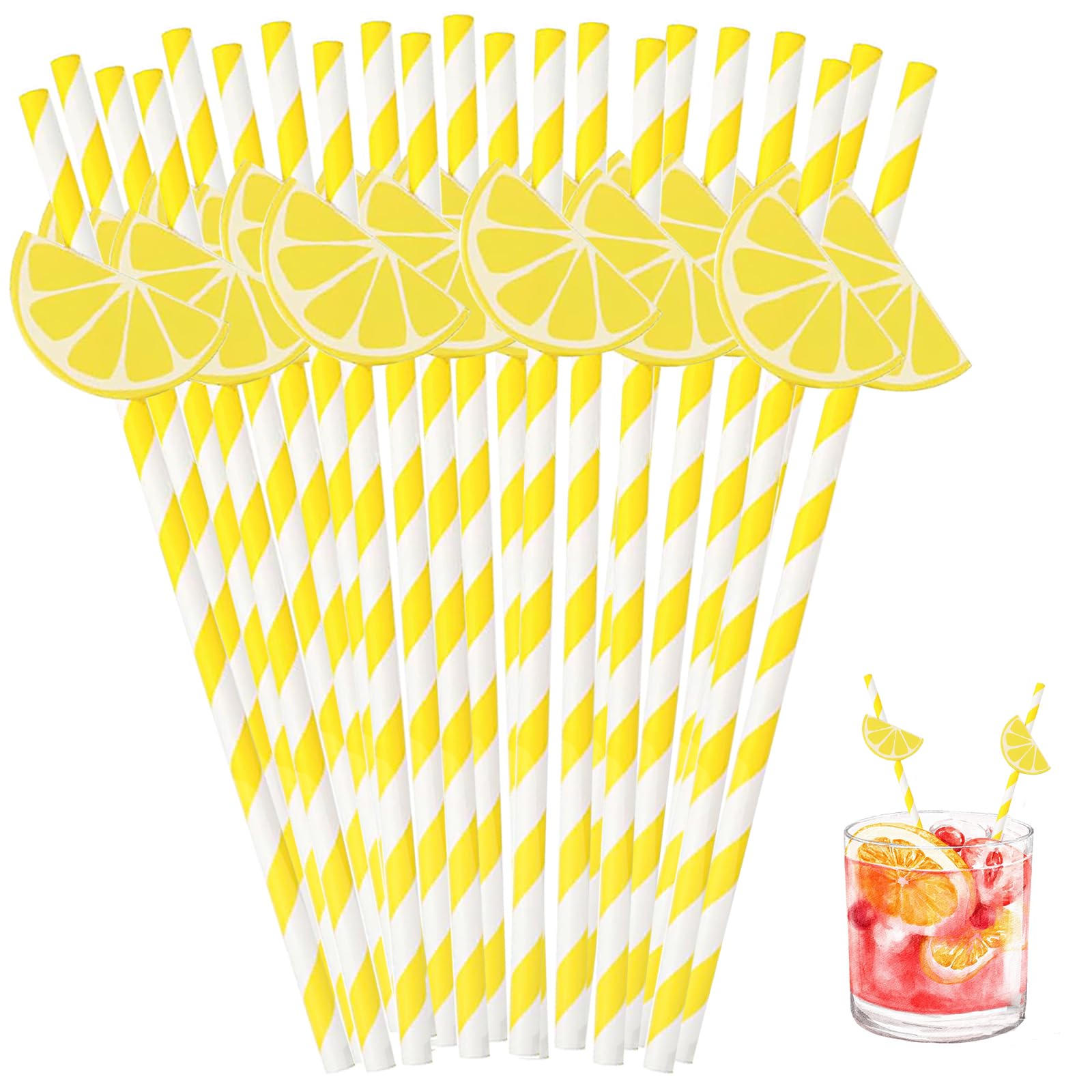 60 Pcs Lemon Paper Straws Disposable Cocktail Straws for Drinks Striped Straw for Milkshake Lemonade Stand Supplies Decorations Festival Holiday Decor