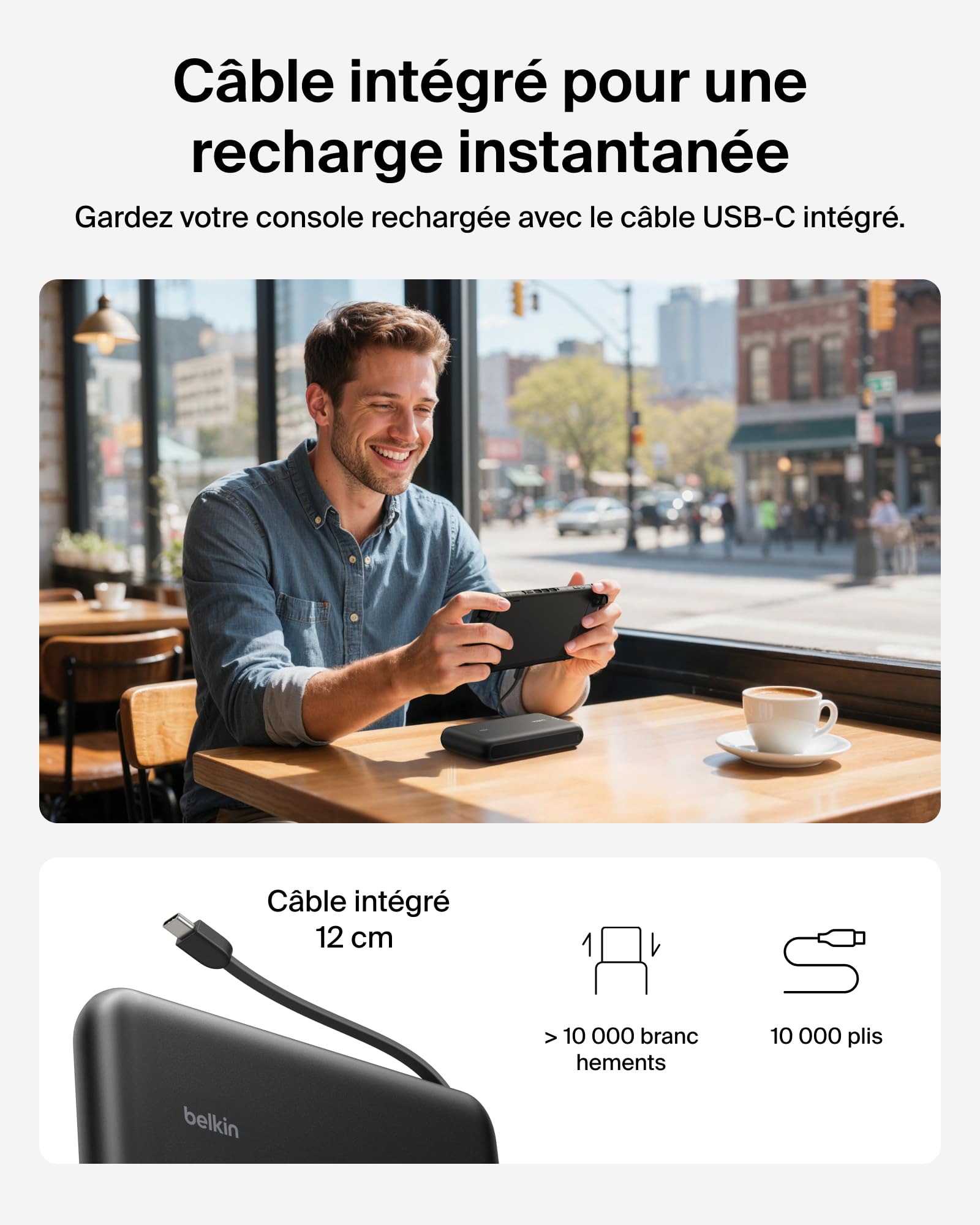 Belkin Gaming Batterie Externe 20000mAh, 30W avec câble USB-C intégré (Recharge Rapide USB-C PD, Chargeur Portable pour Nintendo Switch 2, iPhone 16, iPad Pro, Galaxy S25, etc., Noir)