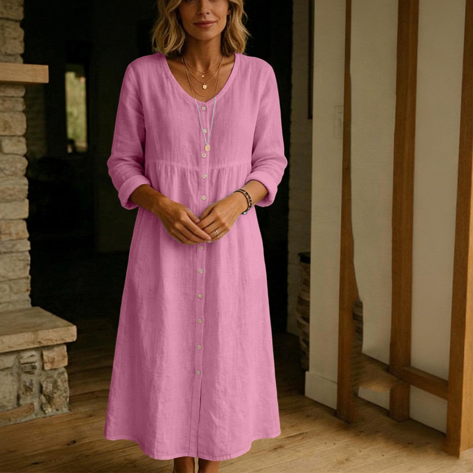 Sommerkleider Damen Leicht Luftig Casual Baumwolle Leinen Maxikleid V-Ausschnitt Musselin A-Linie 3/4 arm Leinenkleid Hohe Taille Freizeitkleid Blusenkleid Shirtkleid Strandkleid