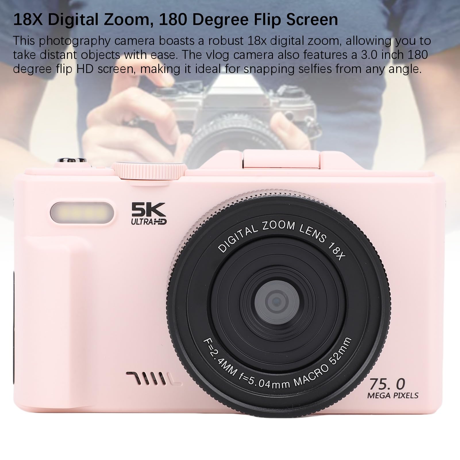 Aparat Cyfrowy 5K, Aparat do Vlogów 75 MP z 3-calowym Ekranem Odchylanym o 180 Stopni i 18-krotnym Zoomem Cyfrowym do Fotografowania i Transmisji na żywo