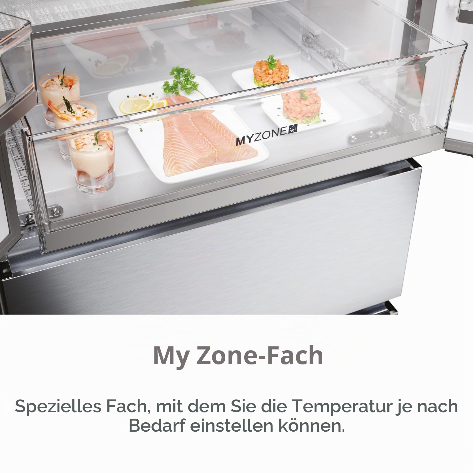 Haier French Door HFR5719EWMG Kühl-Gefrier-Kombination/Total No Frost/Easy Access Gefrierschubladen spart bis zu 30% Energie / 70 cm Breite/MyZonePlus/Wasserspender mit Tank/Edelstahllook