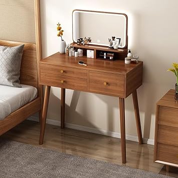 Multifunctional Wood Vanity Desk, Makeup Dressing Table with LED Mirror, Brightness Adjustable, Bedroom Vanity Table with 3 Drawers, Space Saving Small Vanity Desk