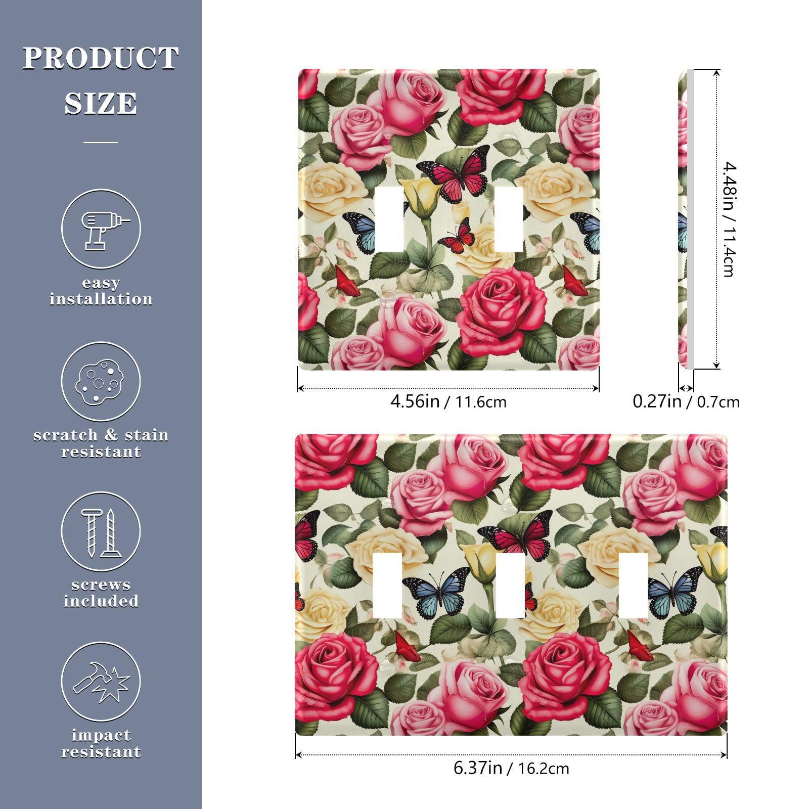 Light Switch Cover Butterfly Rose Floewr Spring Wall Plates for Electrical Outlets 3 Gang 202b3292