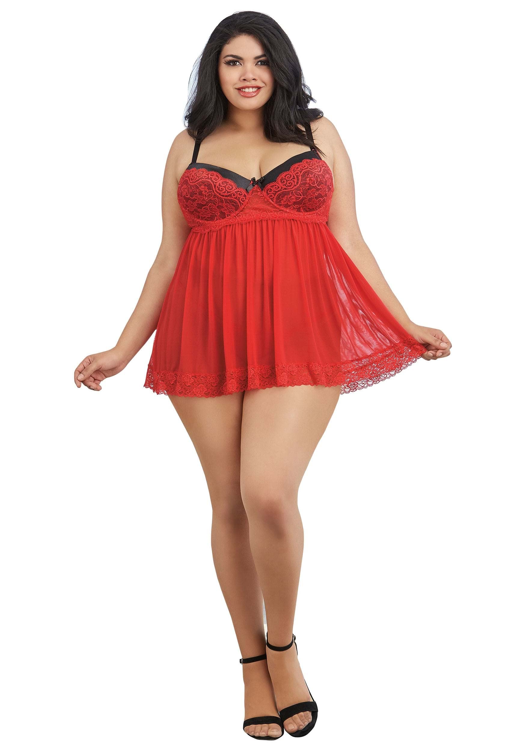 Dreamgirl Women's Plus Size Flirty Mesh & Lace Babydoll with Matching G-String, Ruby, 1X